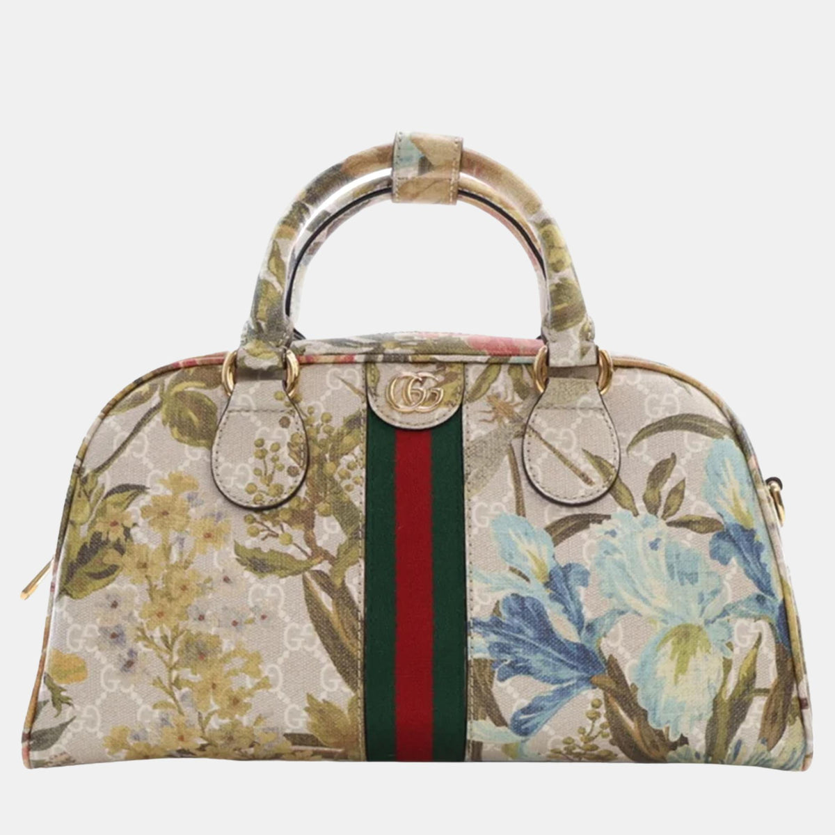 Gucci Beige GG Supreme Ophidia Flora Satchel