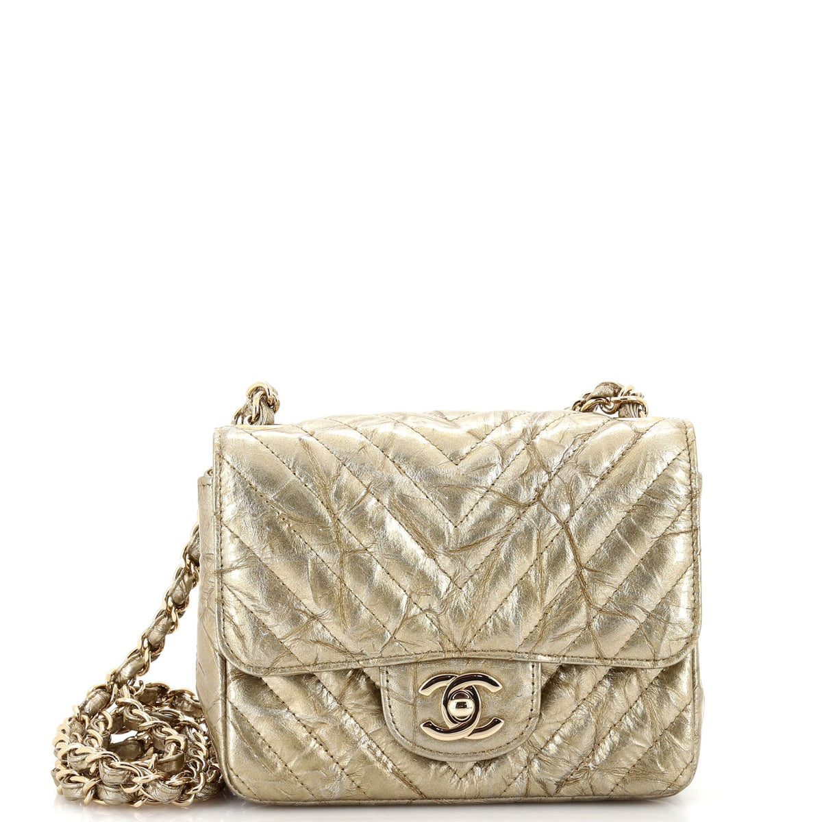 Chanel CHANEL Square Classic Single Flap Bag Chevron Crumpled Metallic Patent Mini