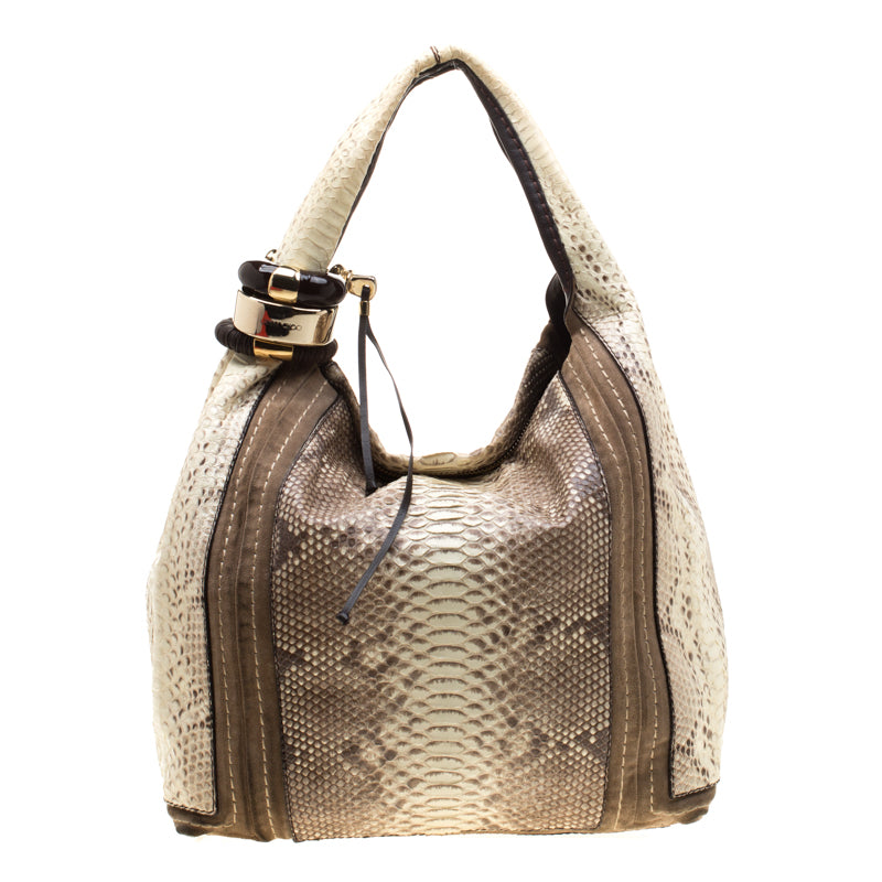 Jimmy Choo Light Yellow/Beige Python and Suede Saba Hobo