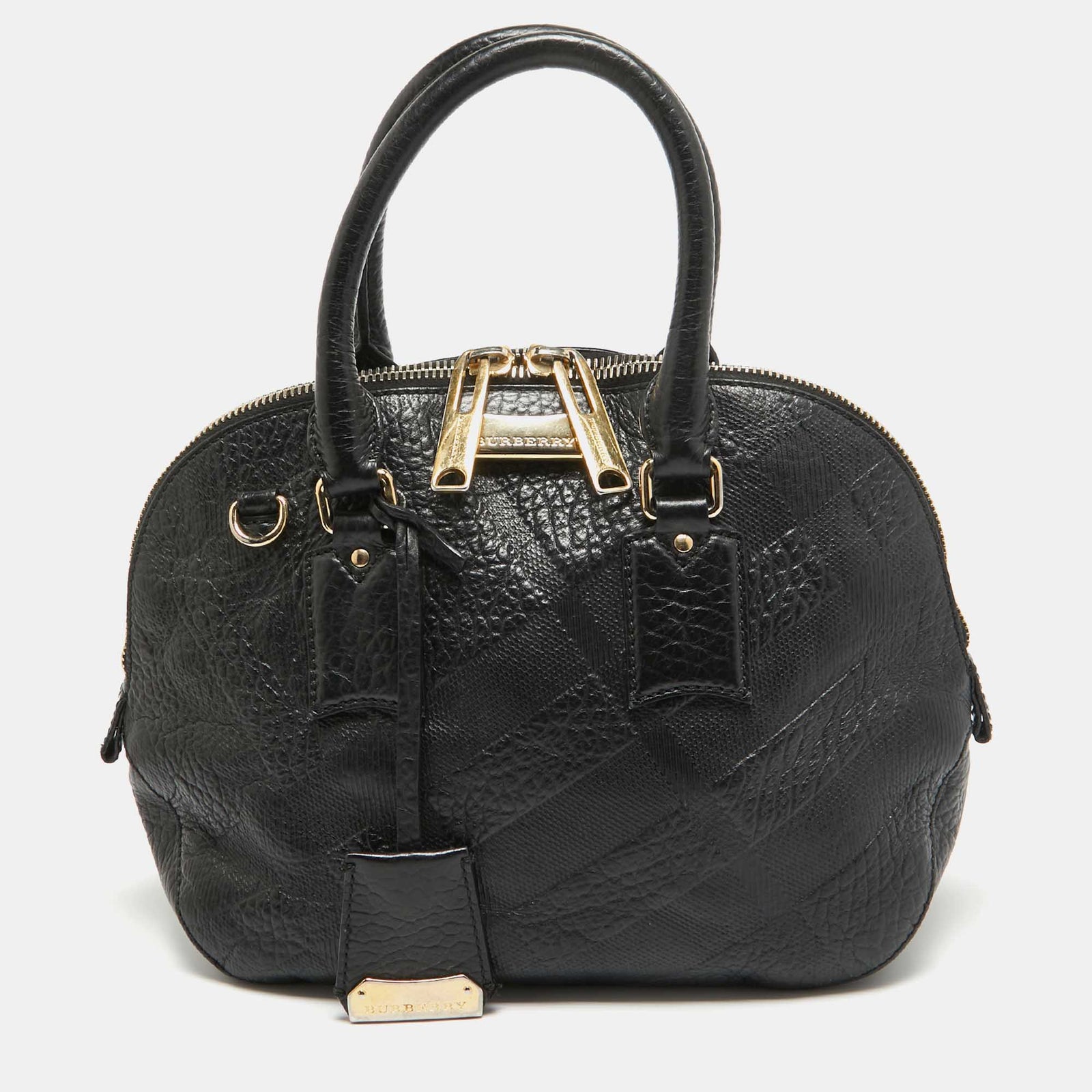 Burberry Black Heritage Check Embossed Leather Small Orchard Bowler Bag