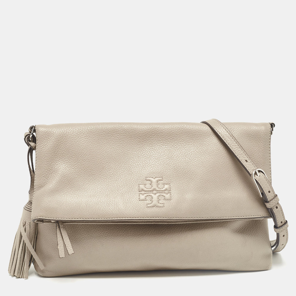 Grey Leather Thea Fold Over Crossbody Bag