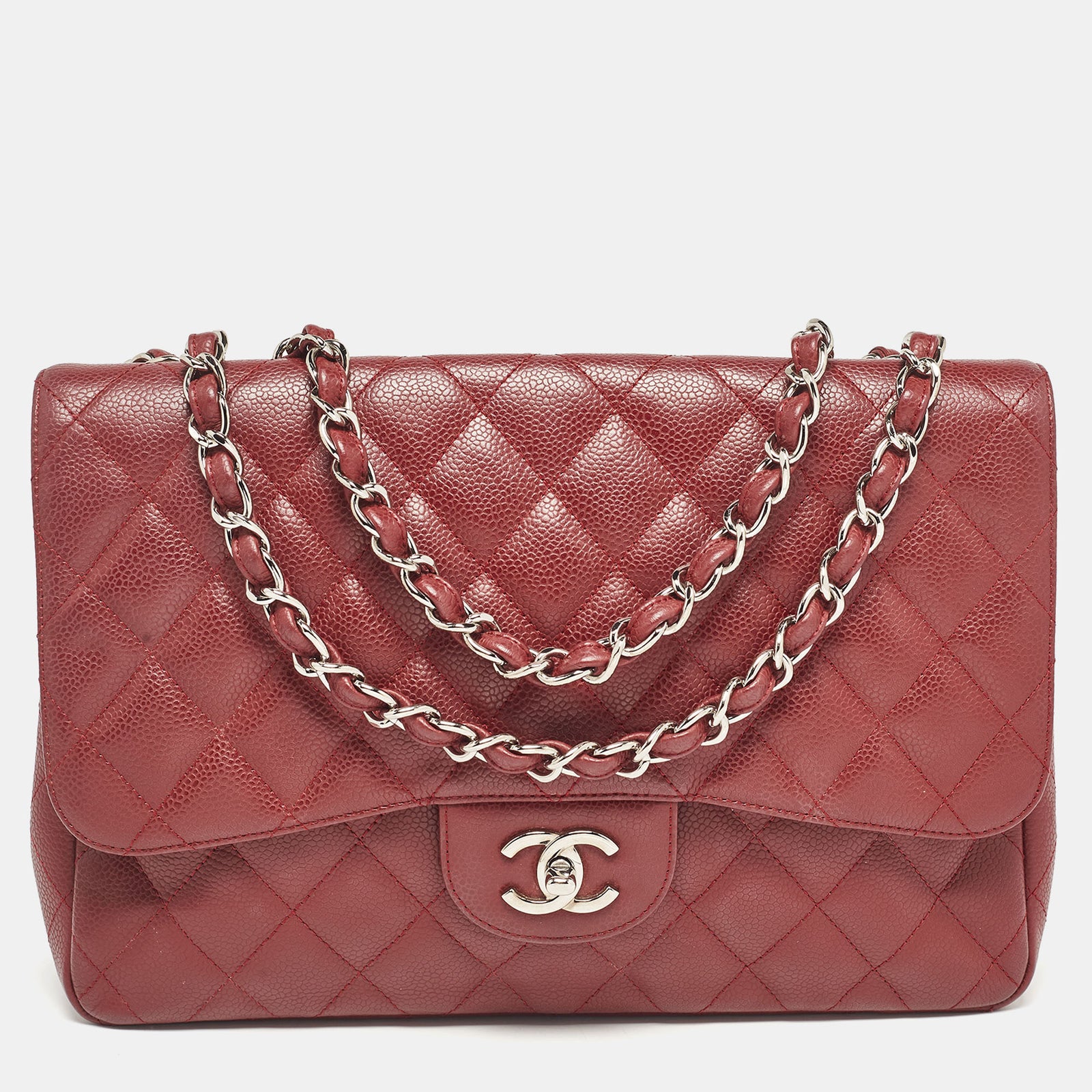 Chanel Rote, gesteppte, klassische Jumbo-Tasche mit einzelner Klappe aus Kaviarleder