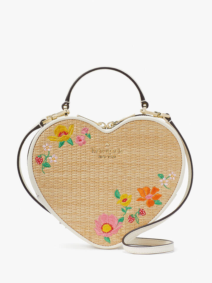 Kate Spade Au Love Shack Floral Embroidered Raffia Heart Crossbody