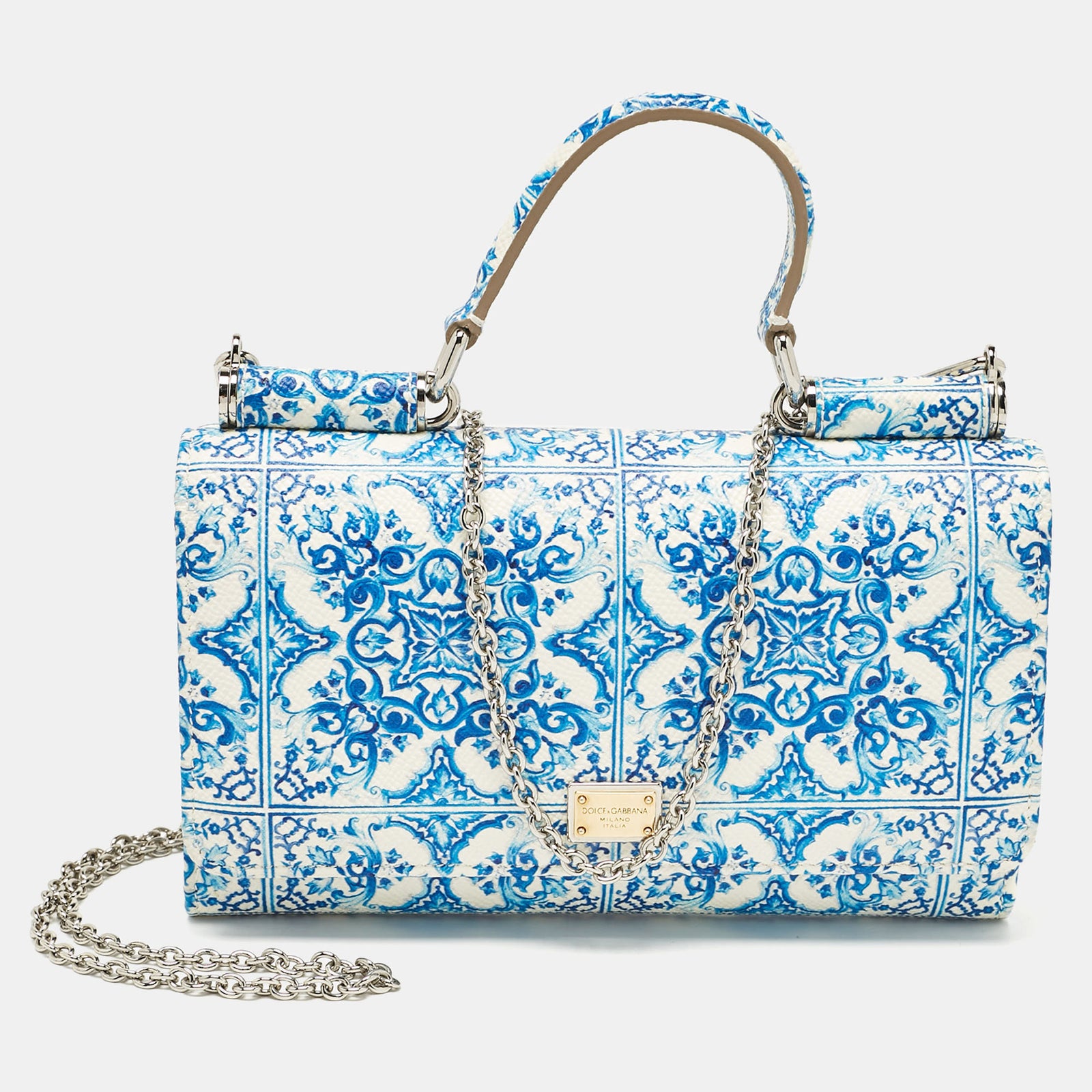 Dolce & Gabbana Blau/weiße Geldbörse Miss Sicily aus Leder mit Majolika-Print und Kette