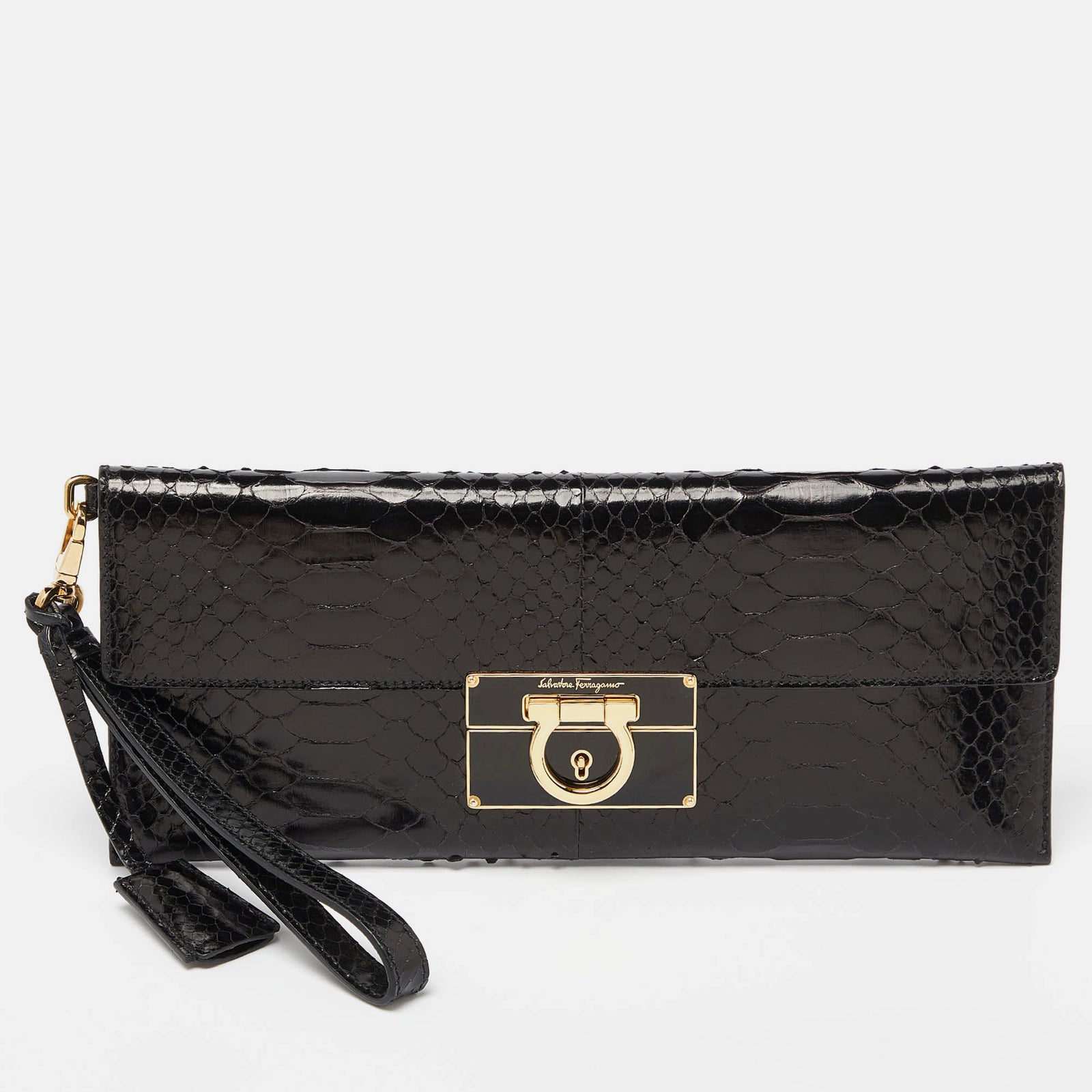 Salvatore Ferragamo Black Python Afef Gancio Wristlet Clutch