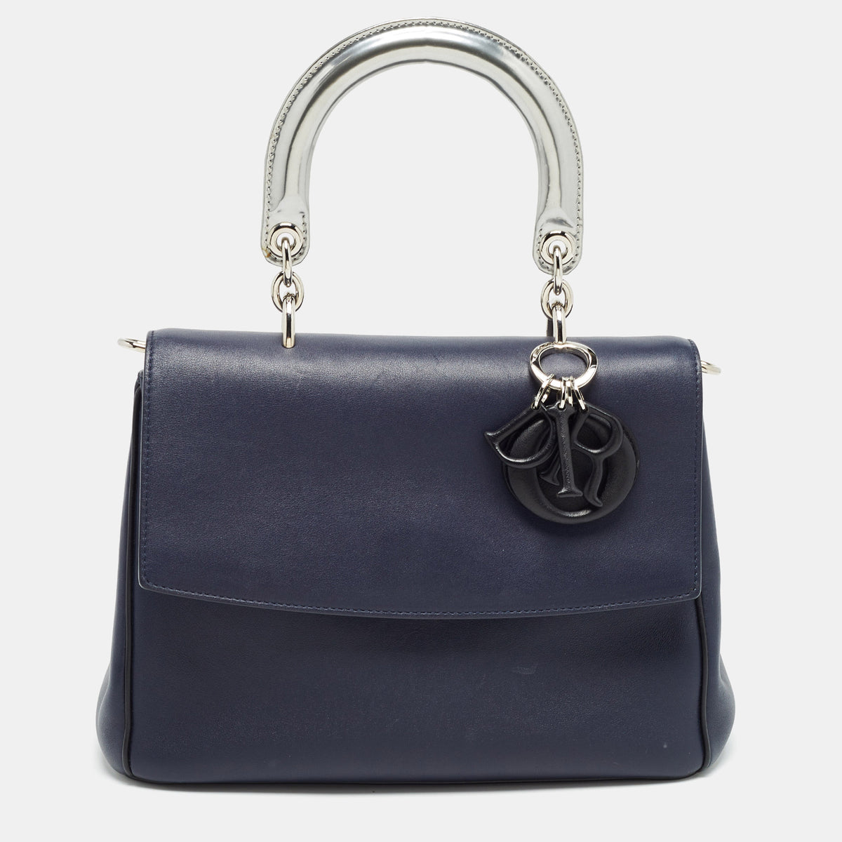 Dior Navy Blue/Silver Leather Small Be Flap Top Handle Bag