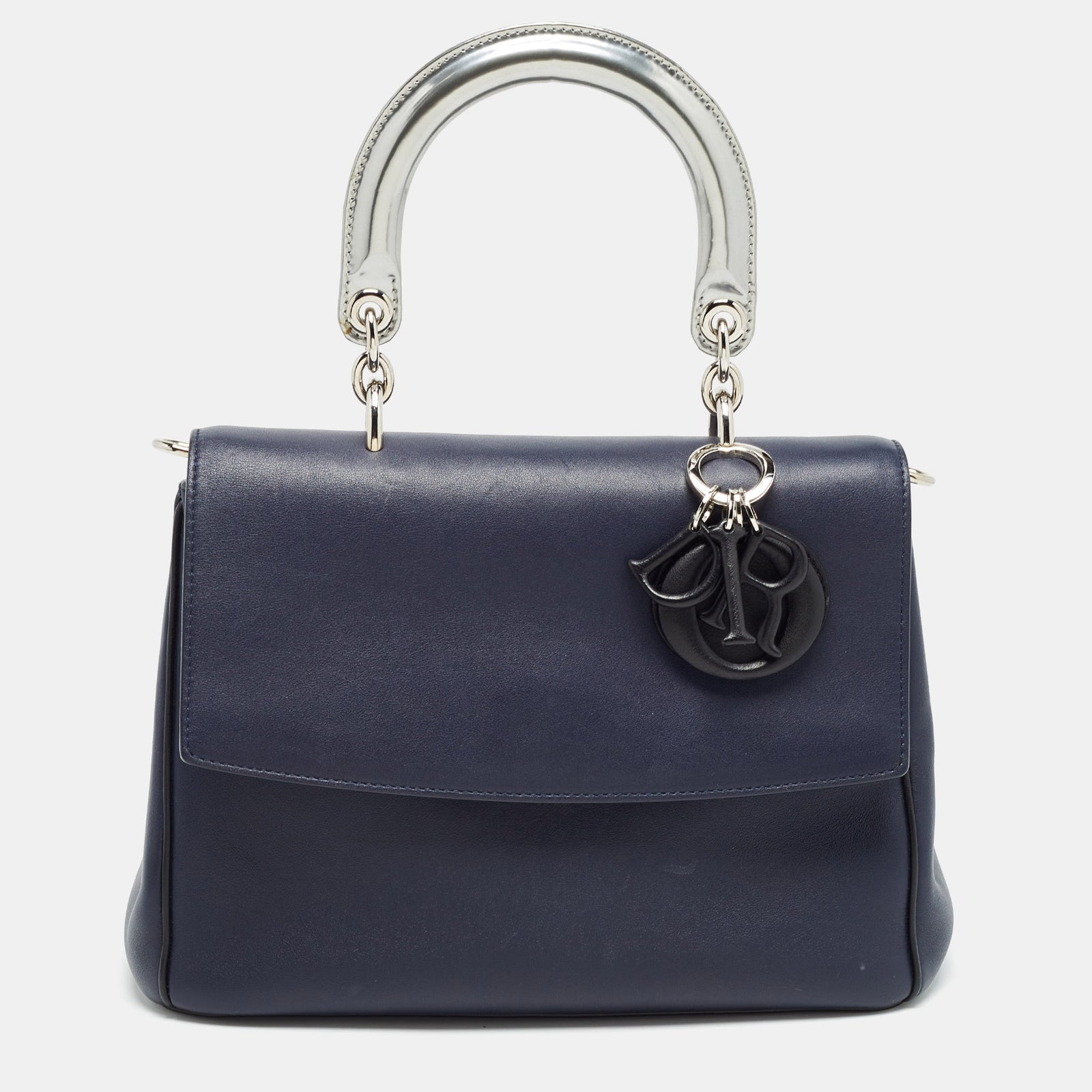 Dior Petit sac à main à rabat en cuir bleu marine/argenté