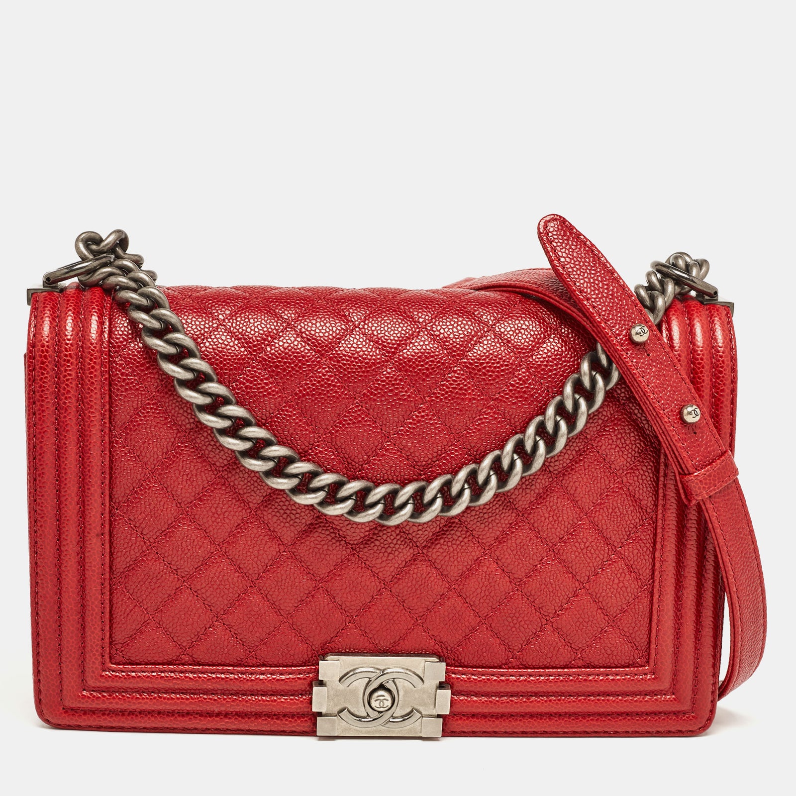 Chanel Red Quilted Caviar Leather New Medium Boy Bag