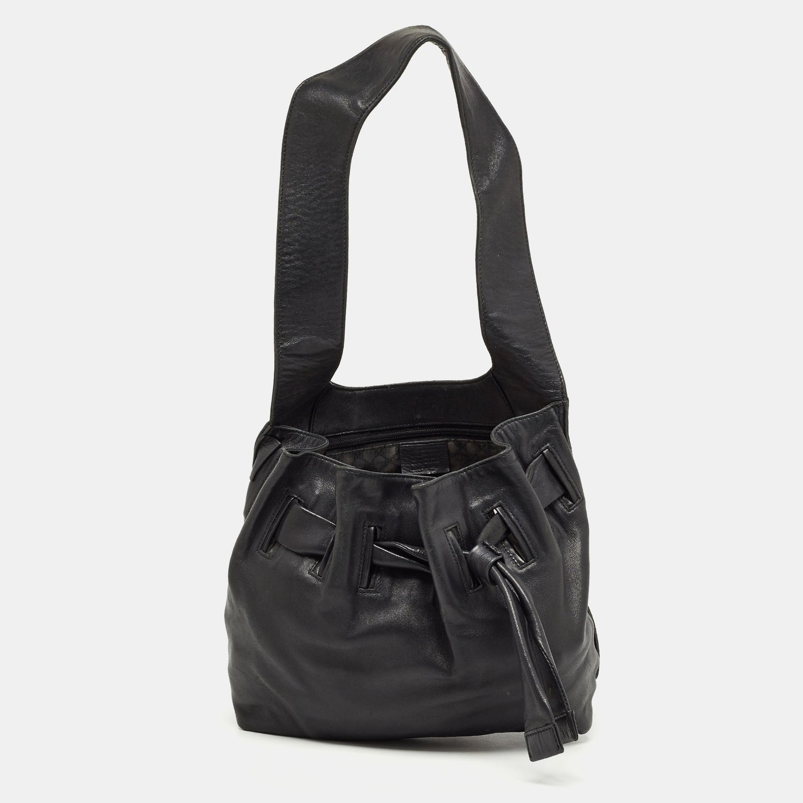 Gucci Black Leather Drawstring Hobo