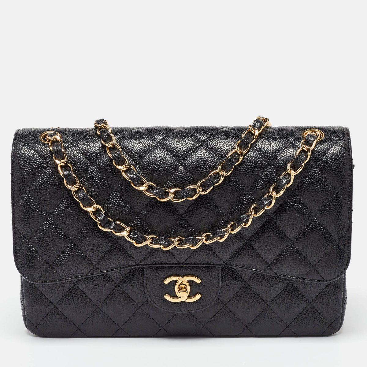 Chanel Black Caviar Quilted Leather Jumbo Classic Double Flap Bag