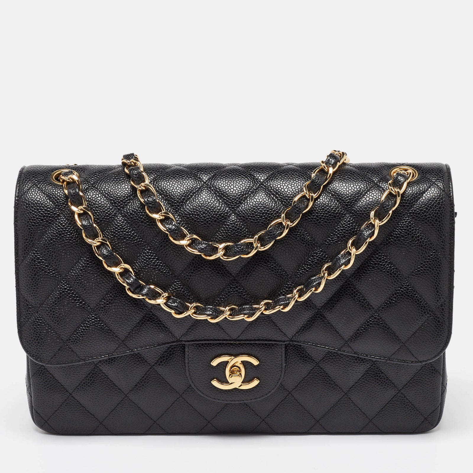 Chanel Sac à rabat classique géant en cuir matelassé noir caviar