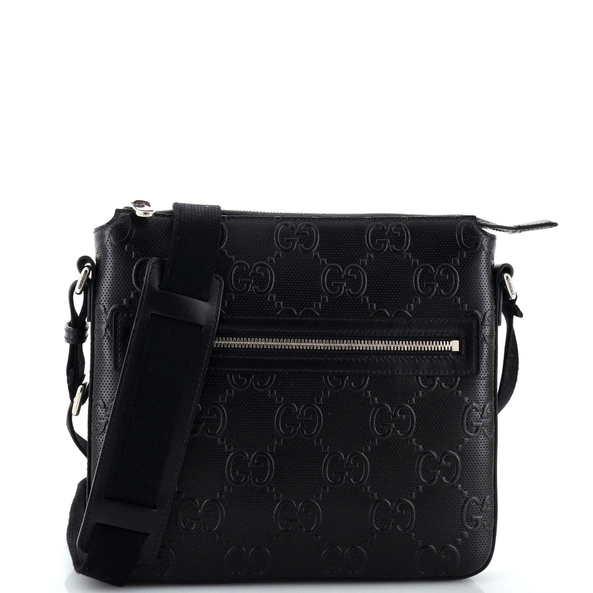 Gucci GUCCI Front Zip Messenger GG Embossed Perforated Leather Small