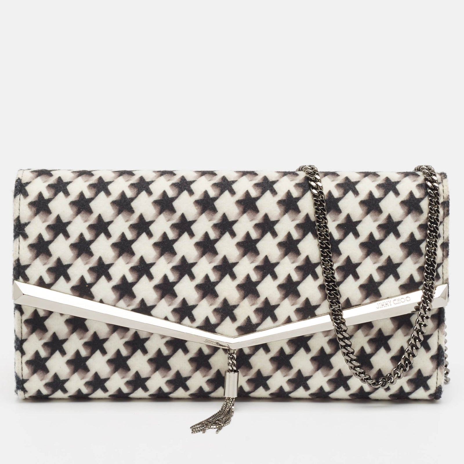 Jimmy Choo Clutch „Elish“ aus Wolle mit Kettenmuster in Schwarz/Weiß mit Sternen