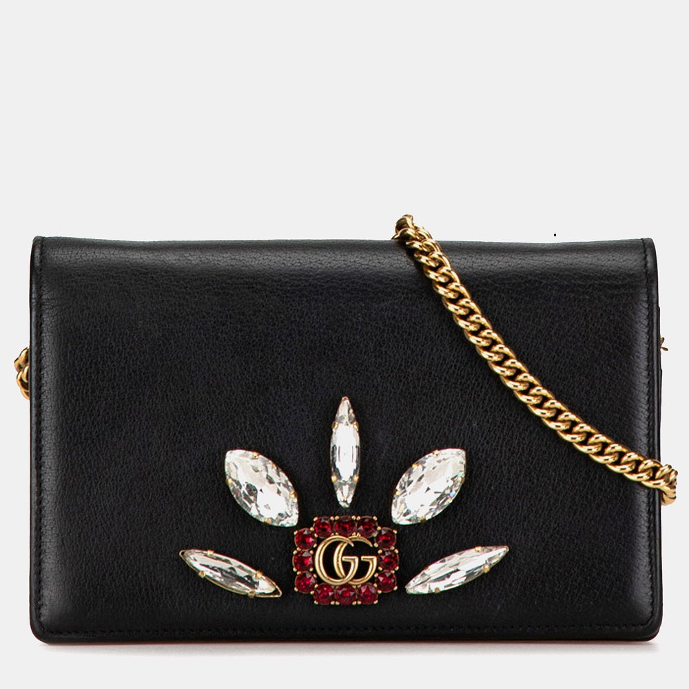 Gucci Black Leather GG Marmont Embellished Wallet On Chain