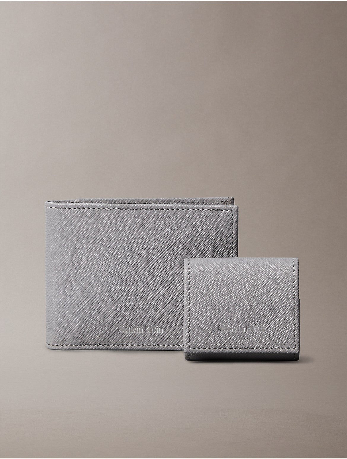 Calvin Klein Men's Refined Saffiano Leather Bifold Wallet + Airpods Case Gift Set - Grey