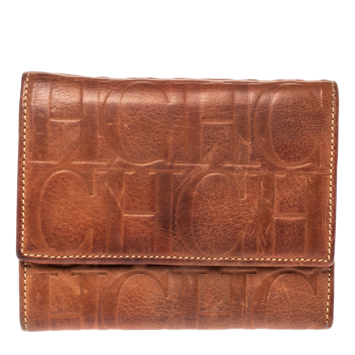 Carolina Herrera Brown Embossed Leather Trifold Compact Wallet