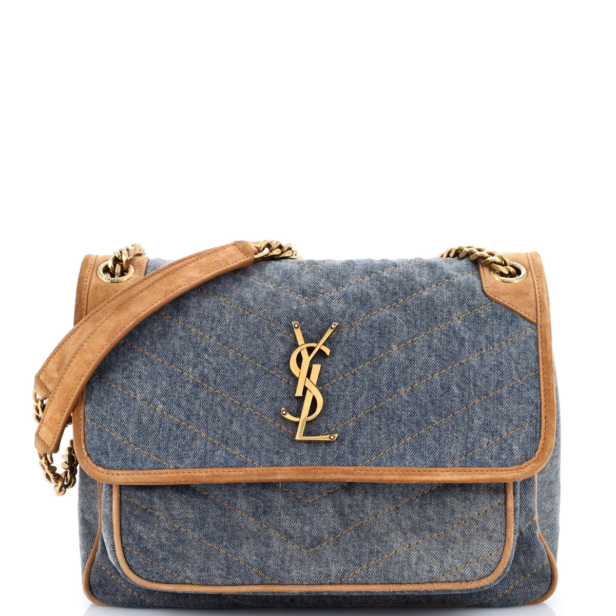 Saint Laurent Niki Chain Flap Bag Matelasse Chevron Denim with Suede Medium