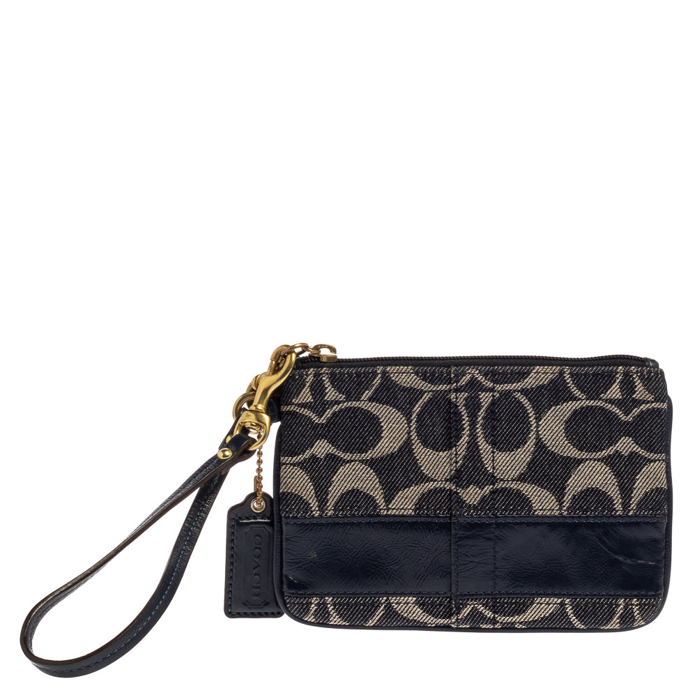 Coach Blue Signature Canvas and Patent Leather Wristlet Clutch