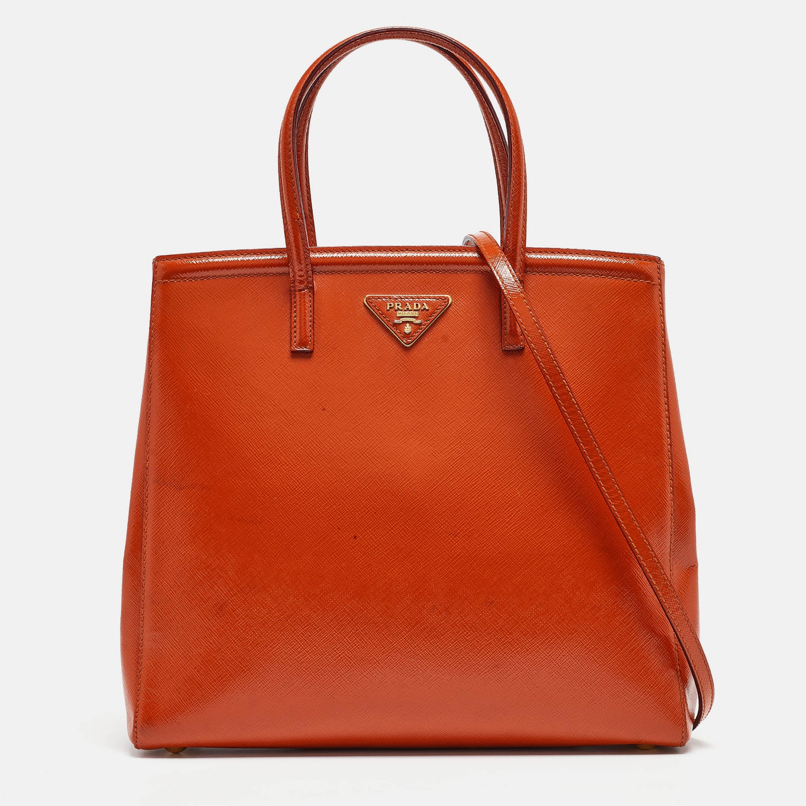 Prada Orange Saffiano Vernice Leather Parabole Tote