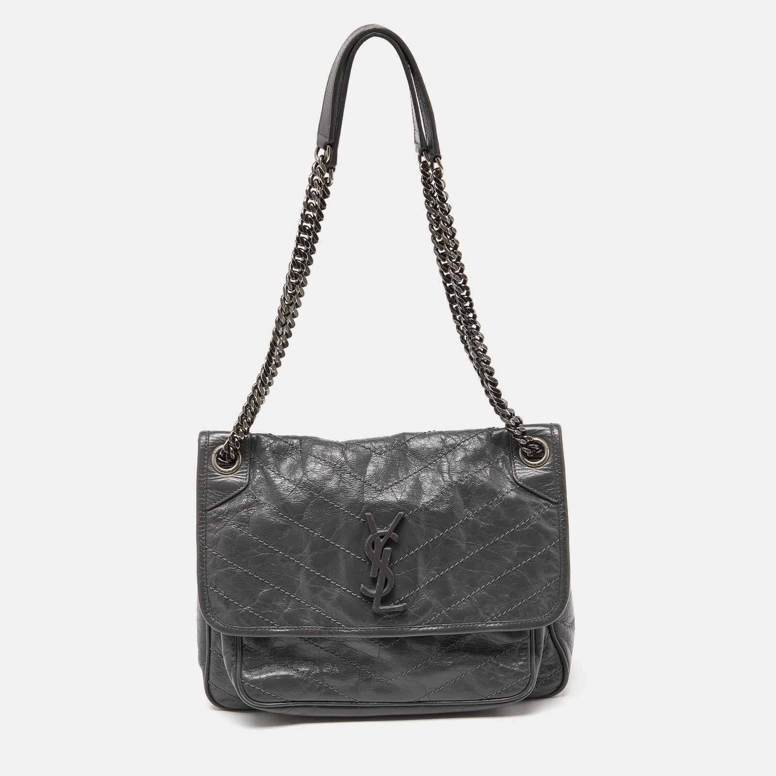 Saint Laurent Paris Saint Laurent Grey Crinkled Leather Medium Niki Shoulder Bag