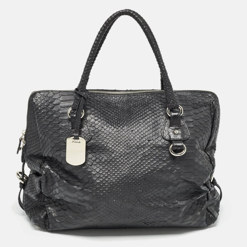 Furla Black Python Embossed Leather Expandable Zip Satchel