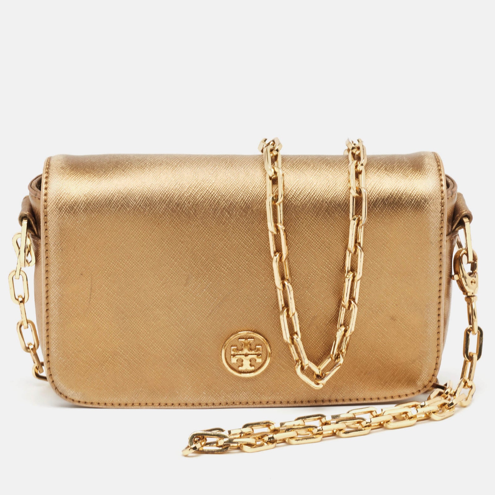 Tory Burch Gold Leather Logo Flap Chain Bag