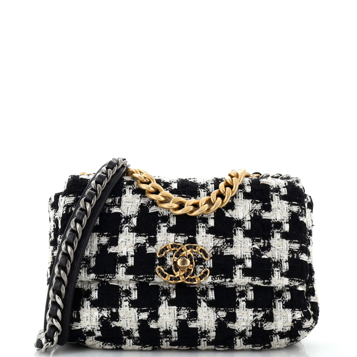Chanel CHANEL 19 Flap Bag Quilted Houndstooth Tweed and Ribbon Medium