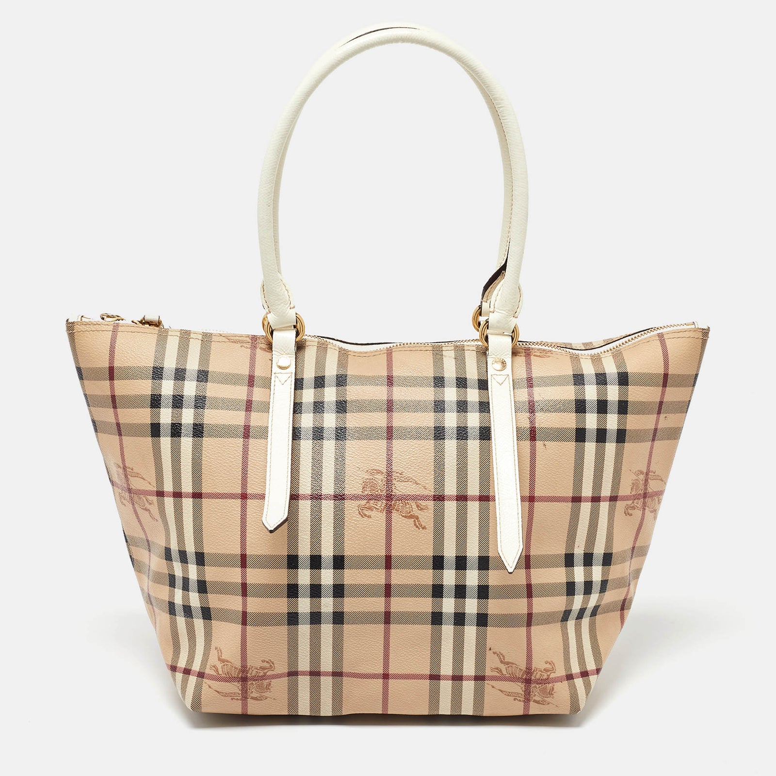 Burberry Beige/White Haymarket Check Coated Canvas and Patent Leather Salisbury Tote