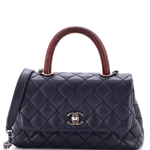 CHANEL Coco Top Handle Bag Quilted Caviar with Lizard Mini