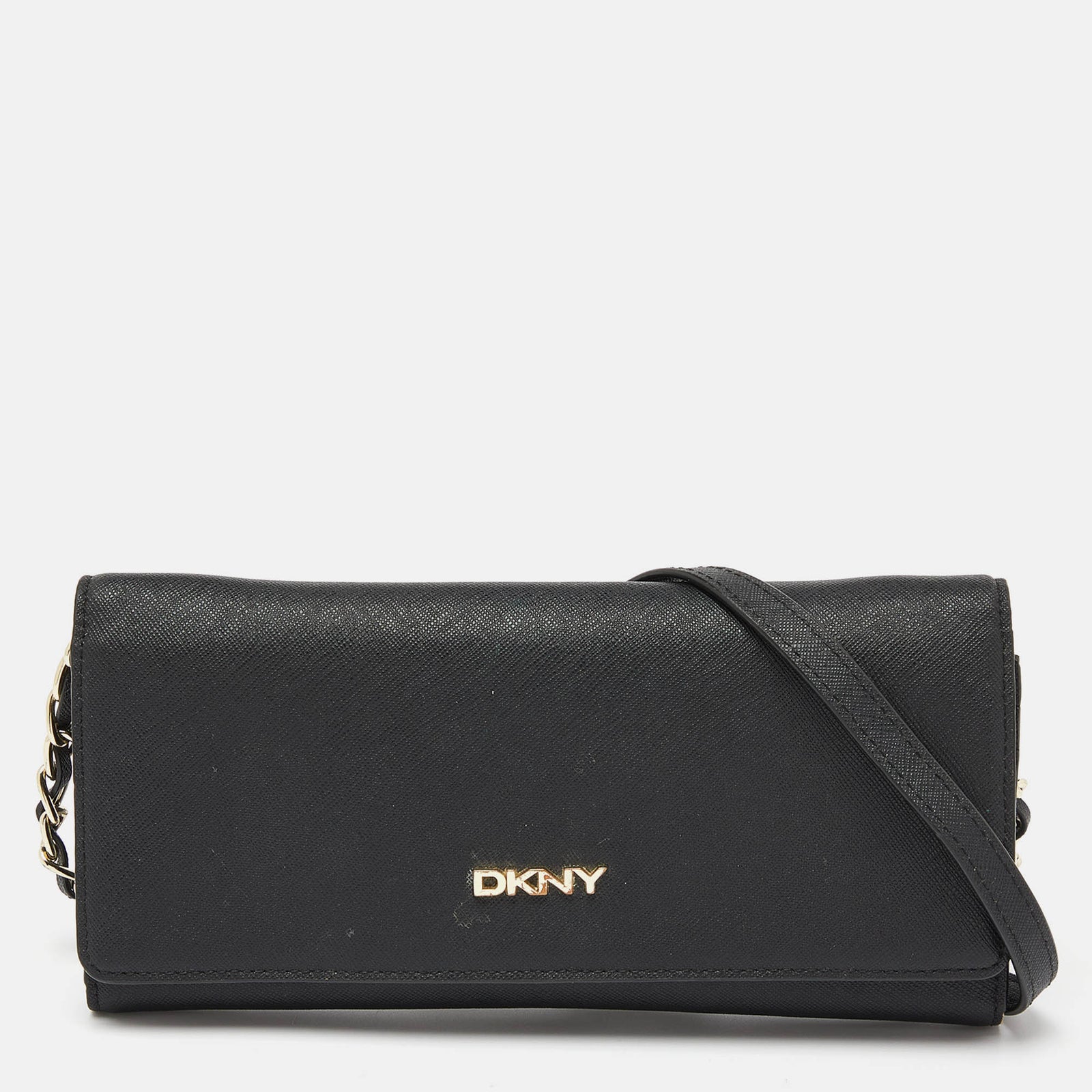 DKNY DKNY Black Saffiano Leather Flap Wallet on Chain