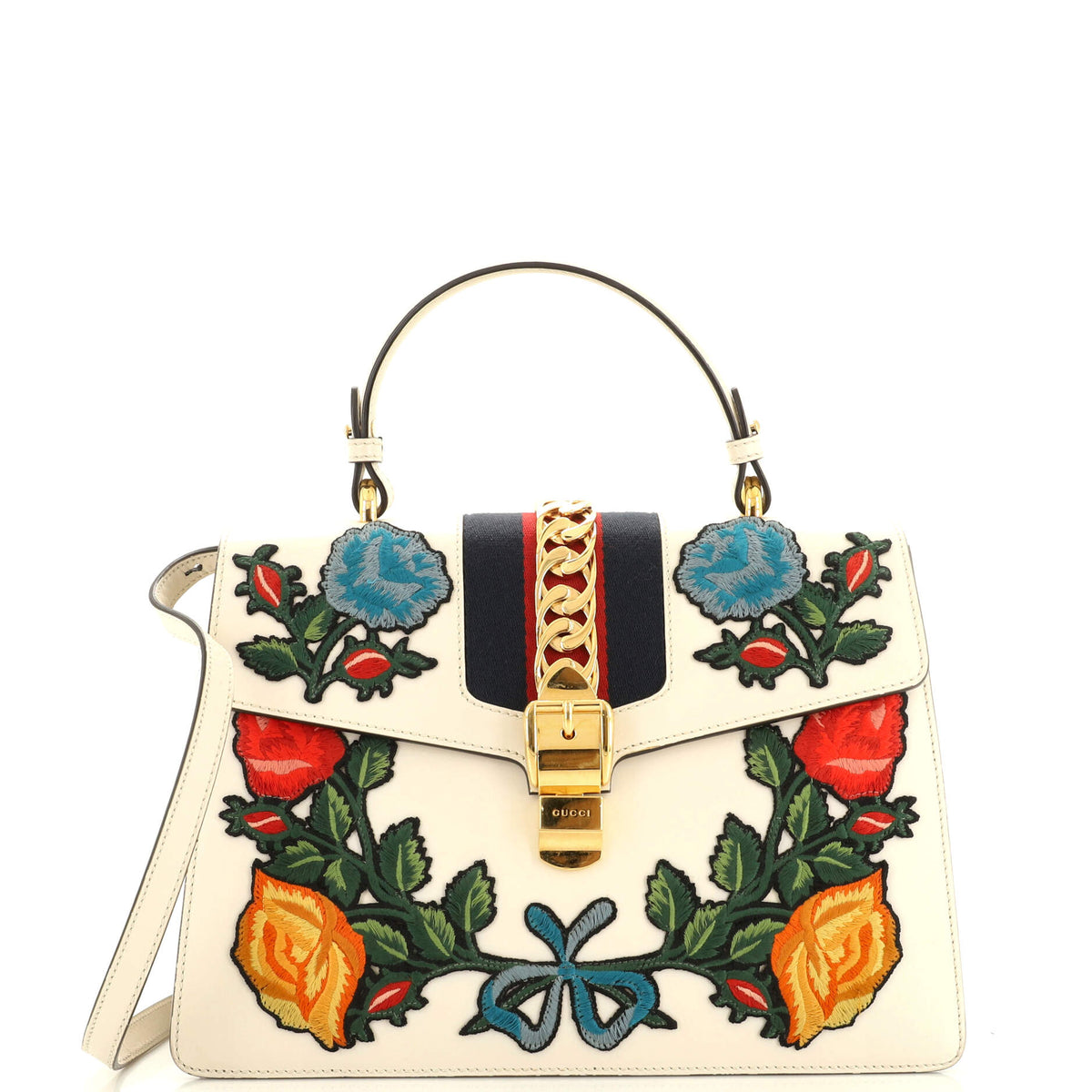 Gucci GUCCI Sylvie Top Handle Bag Embroidered Leather Medium