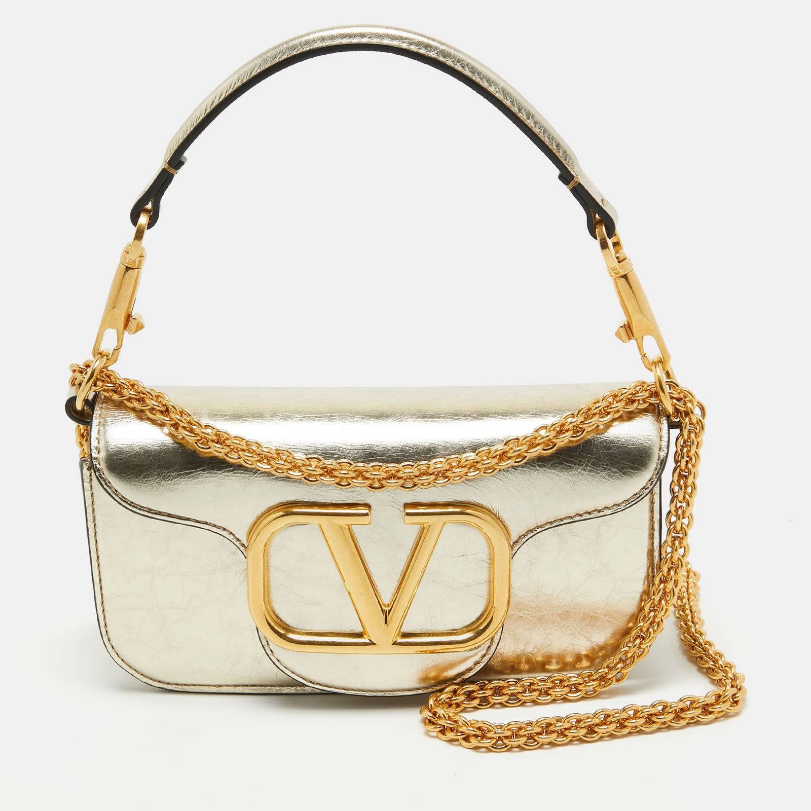 Valentino Metallic Gold Leather Small Loco Shoulder Bag