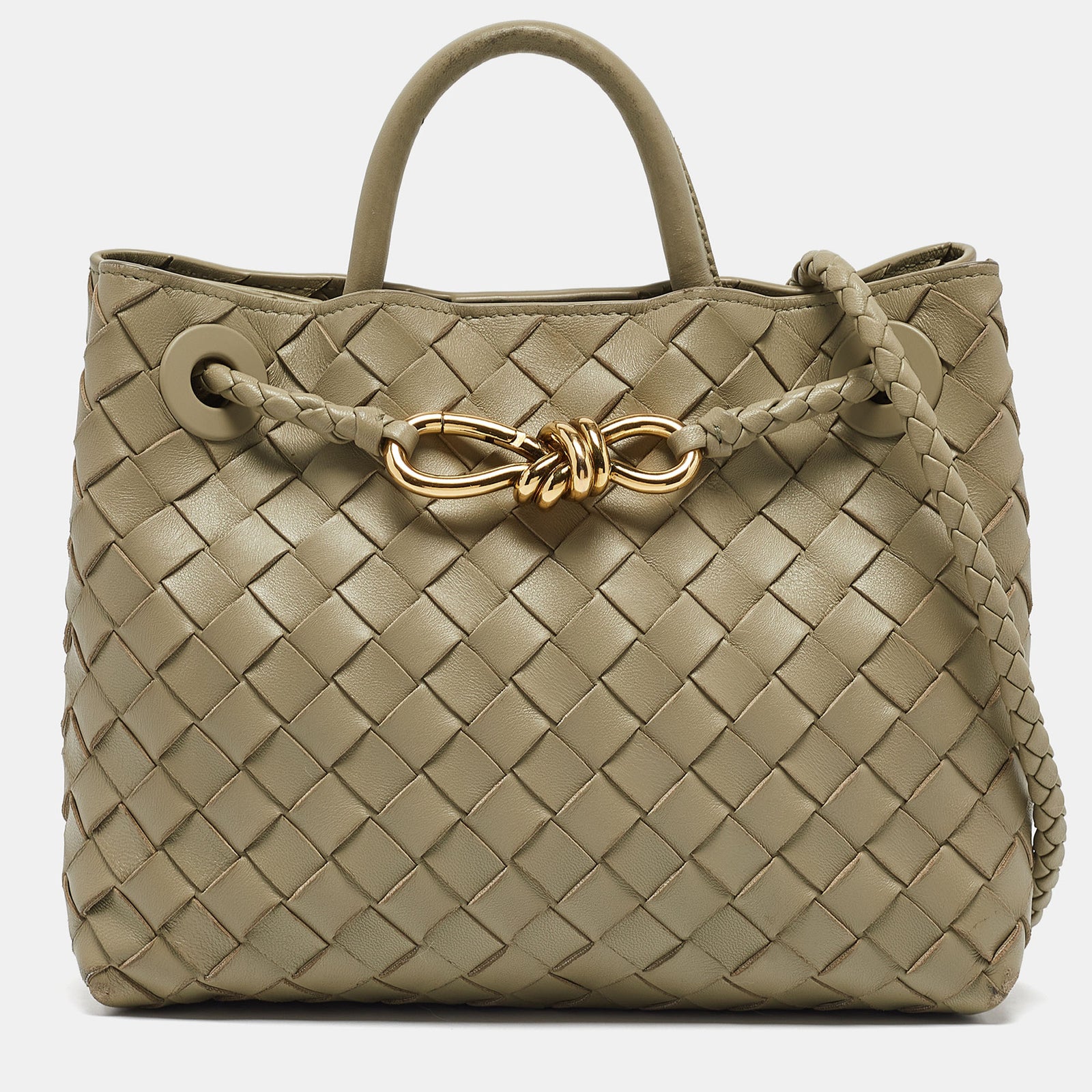 Bottega Veneta Travertine Intrecciato Leather Small Andiamo Top Handle Bag