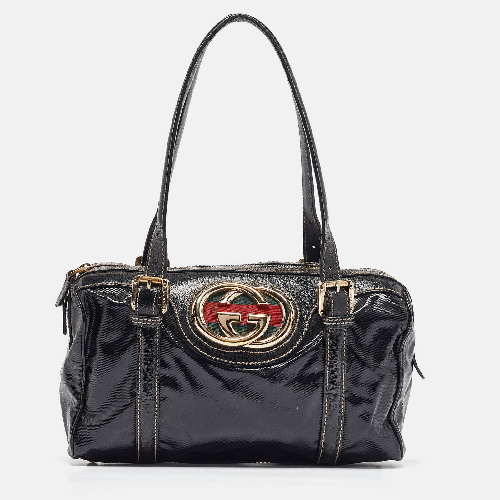 Gucci Britt Boston Bag aus schwarzem beschichtetem Stoff