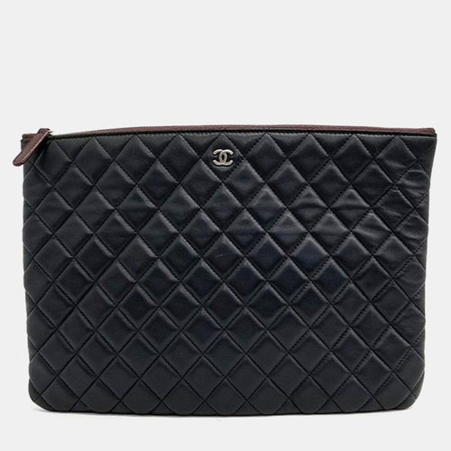 Black Lambskin Quilted Large Pouch