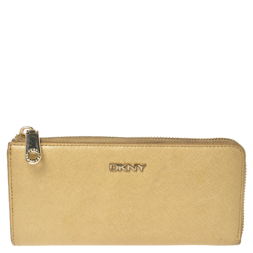 DKNY Metallic Beige Leather Zip Around Wallet