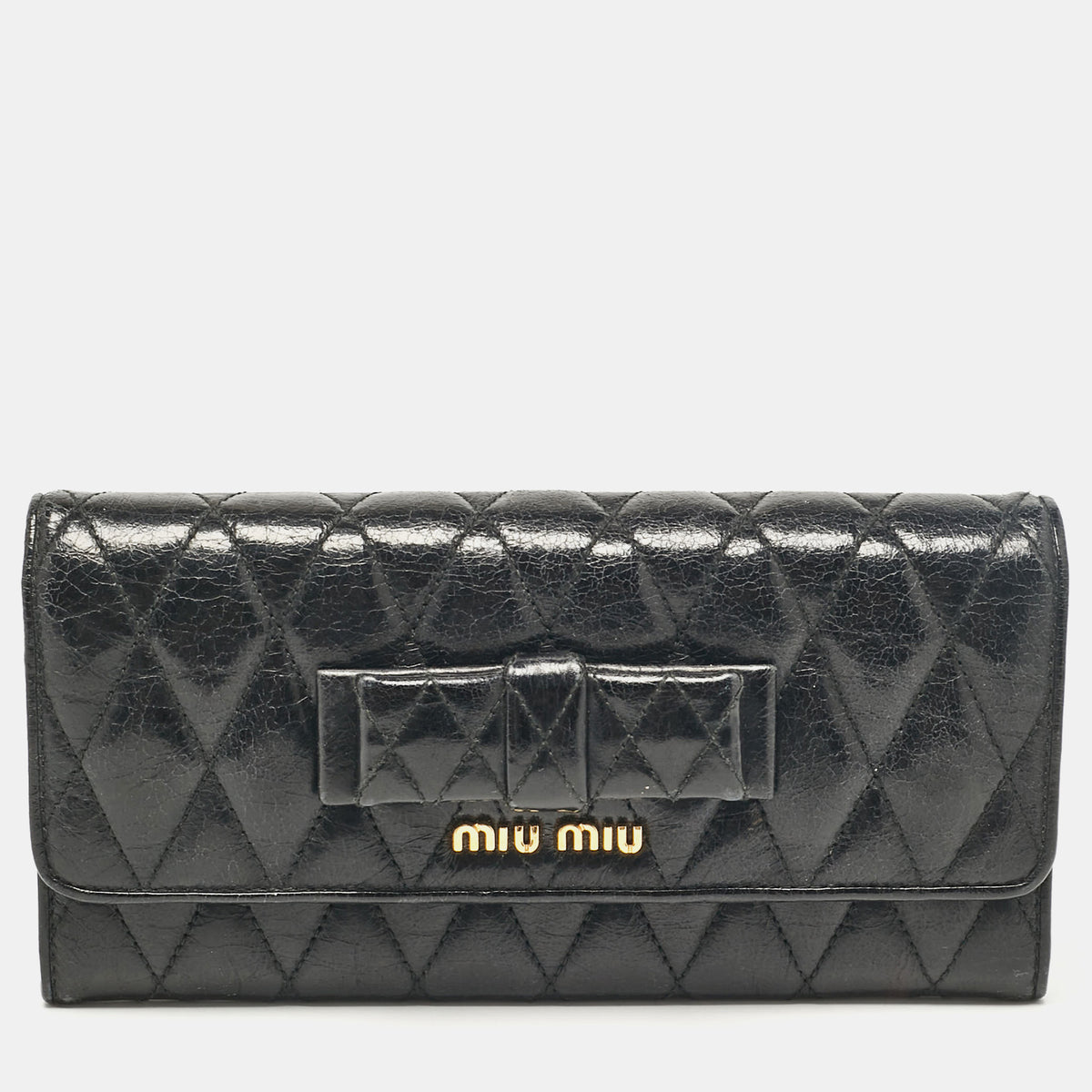 Miu Miu Black Glossy Leather Bow Flap Continental Wallet