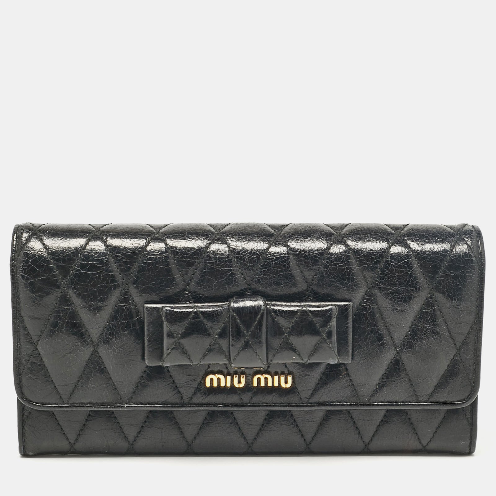 Miu Miu Black Glossy Leather Bow Flap Continental Wallet