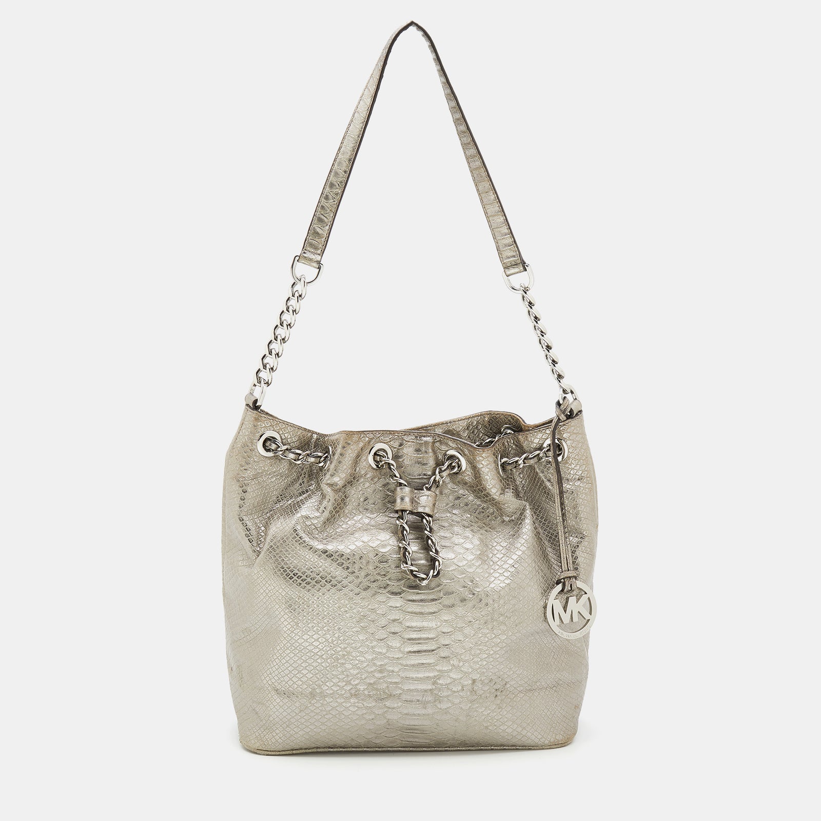 Michael Kors Metallic Silver Python Embossed Leather Frankie Drawstring Bag