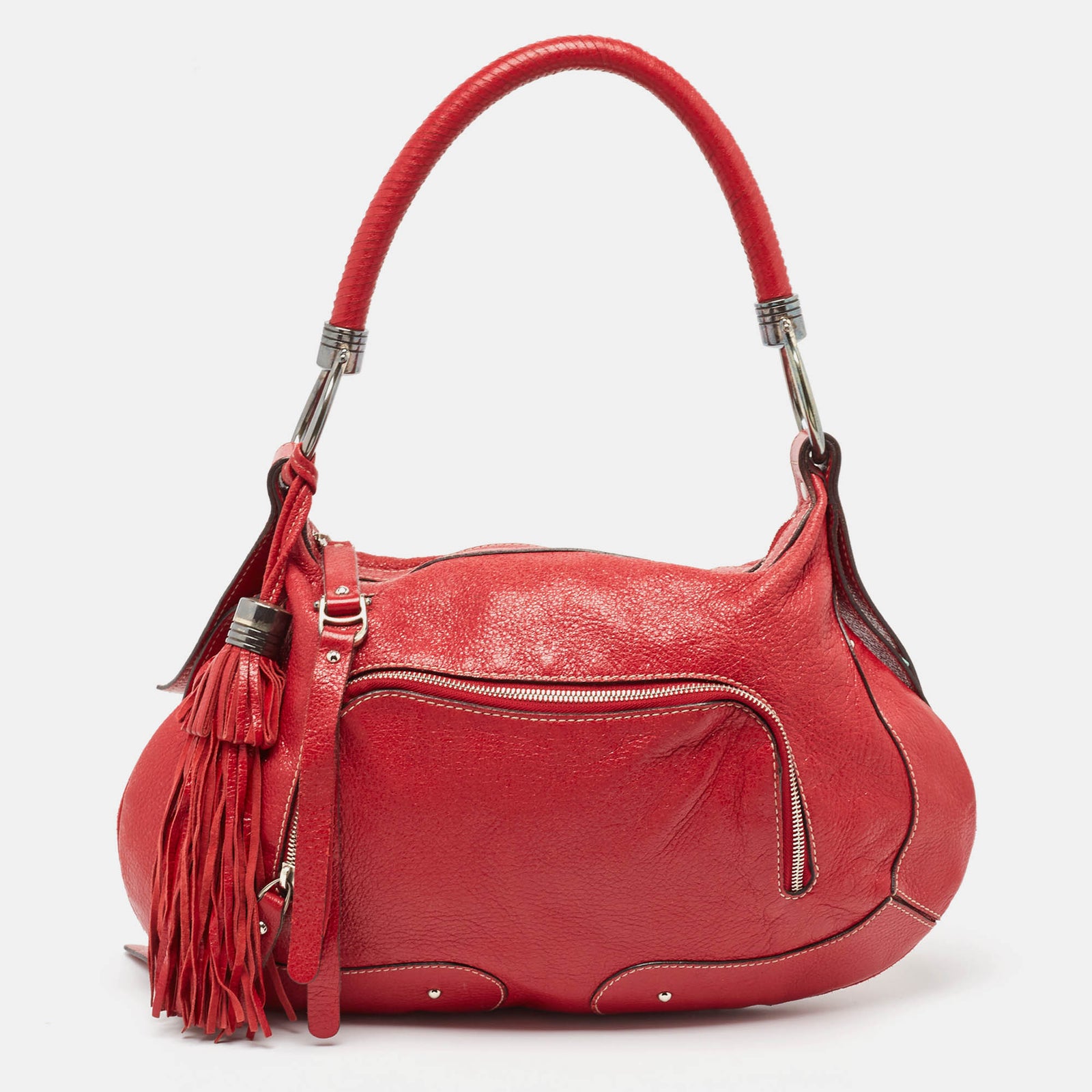 Aigner Red Shimer Leather Tassel Pocket Hobo