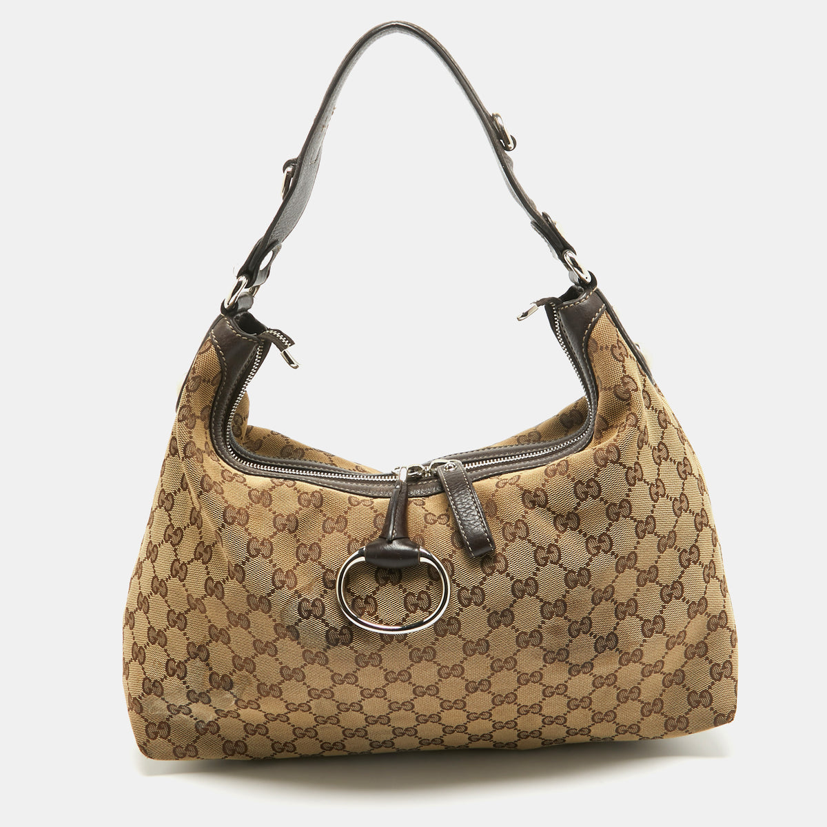 Gucci Brown/Beige GG Canvas and Leather Medium Icon Bit Hobo