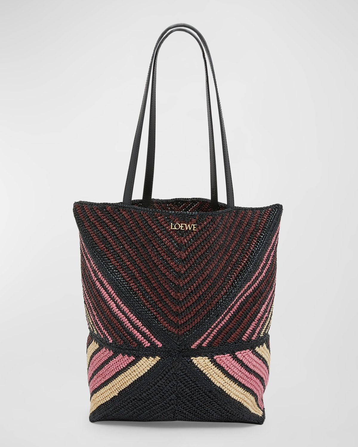 Loewe x Paula's Ibiza Medium Puzzle Fold Tote Bag in Striped Raffia with Leather Handles