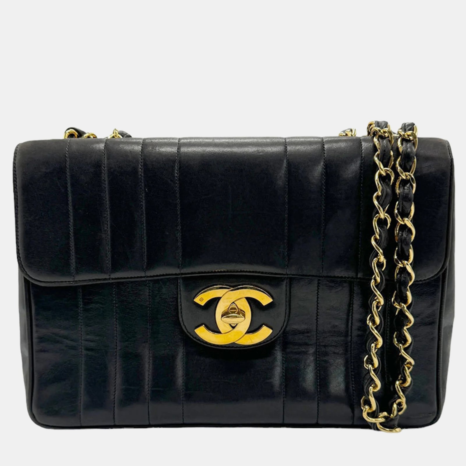 Chanel Black Jumbo Vertical Quilt Single Mademoiselle Shoulder Bag