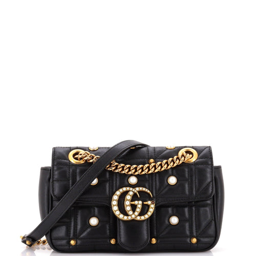 GUCCI Pearly GG Marmont Flap Bag Embellished Matelasse Leather Mini
