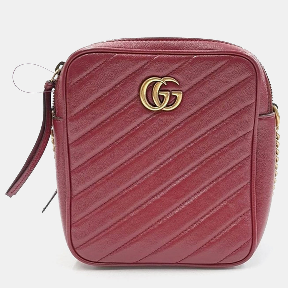 Gucci Red Calfskin Matelasse Diagonal Tall GG Marmont Crossbody Bag