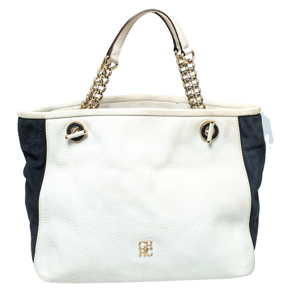 Ch Carolina Herrera Carolina Herrera White/Blue Textured Leather And Suede Tote