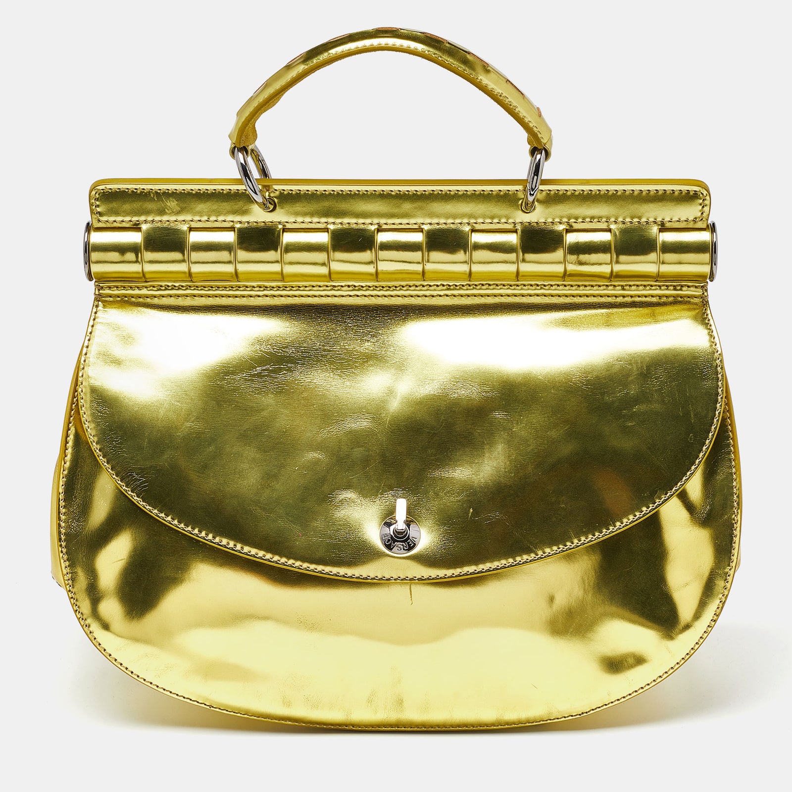 Versace Metallic Green Patent Leather Flap Hobo