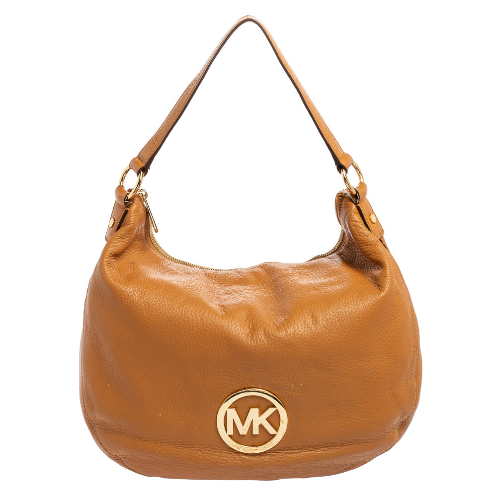 Michael Kors Caramel Brown Leather Logo Zip Hobo