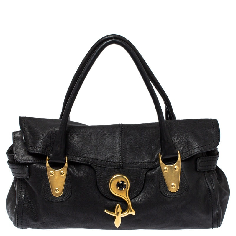 Valentino Black Soft Leather Clasp Flap Satchel