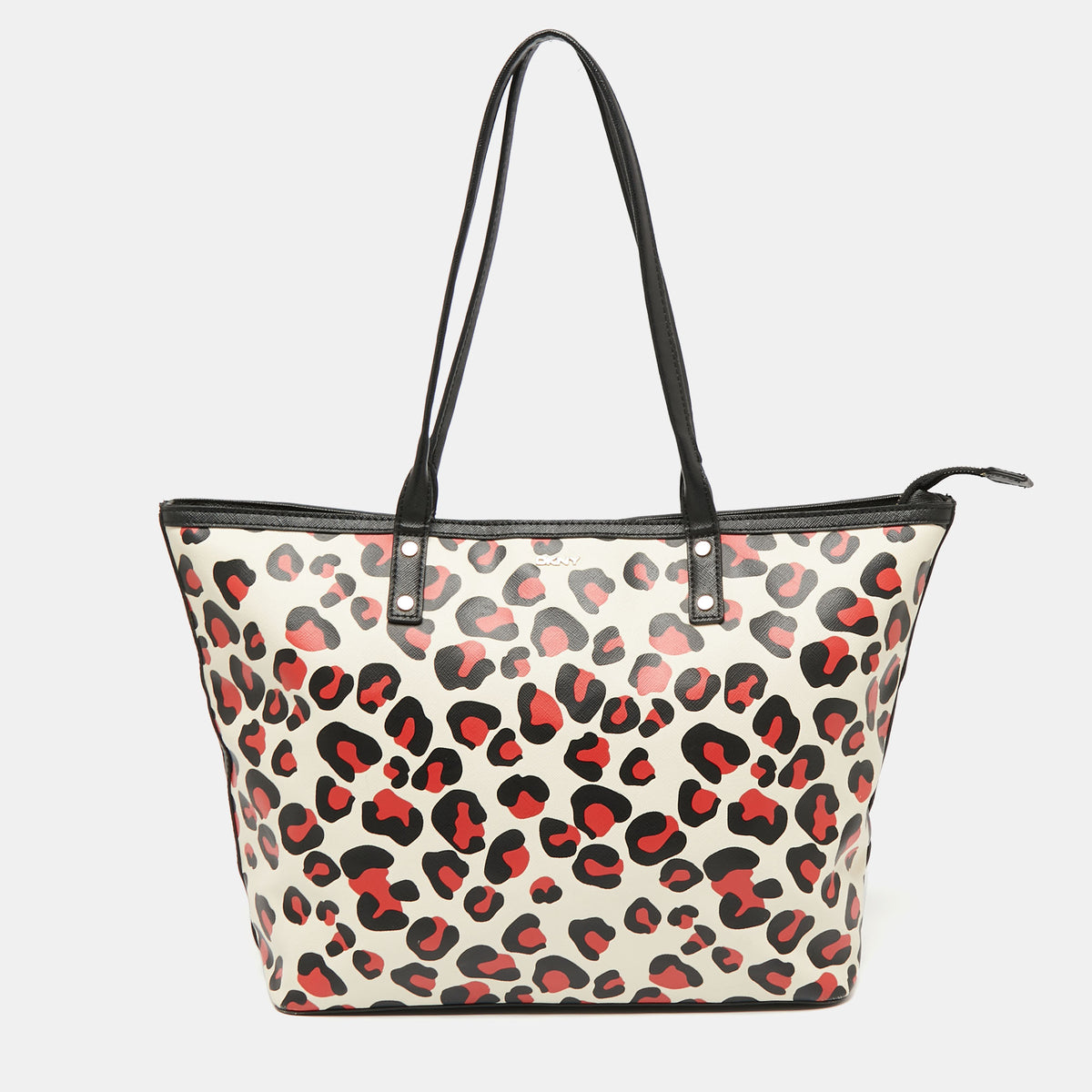 DKNY Black/Red Leopard Print Coated Canvas Zip Tote